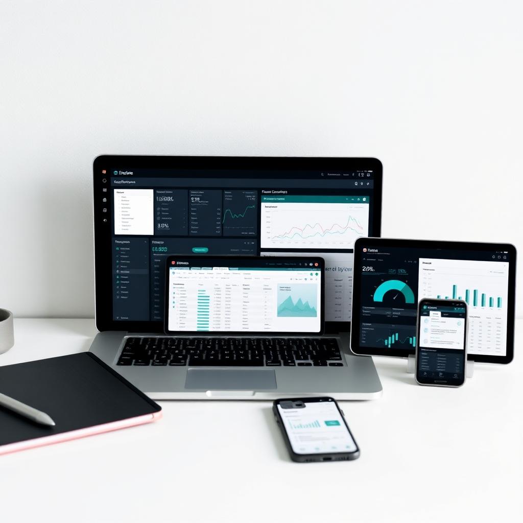 Laptop, tablet and phone showing accounting dashboards for QuickBooks, Xero and Sage in Mauritius