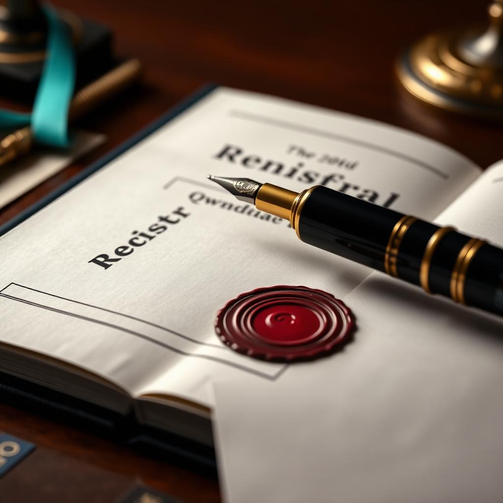 Corporate register book with wax seal and fountain pen for the beneficial ownership register in Mauritius