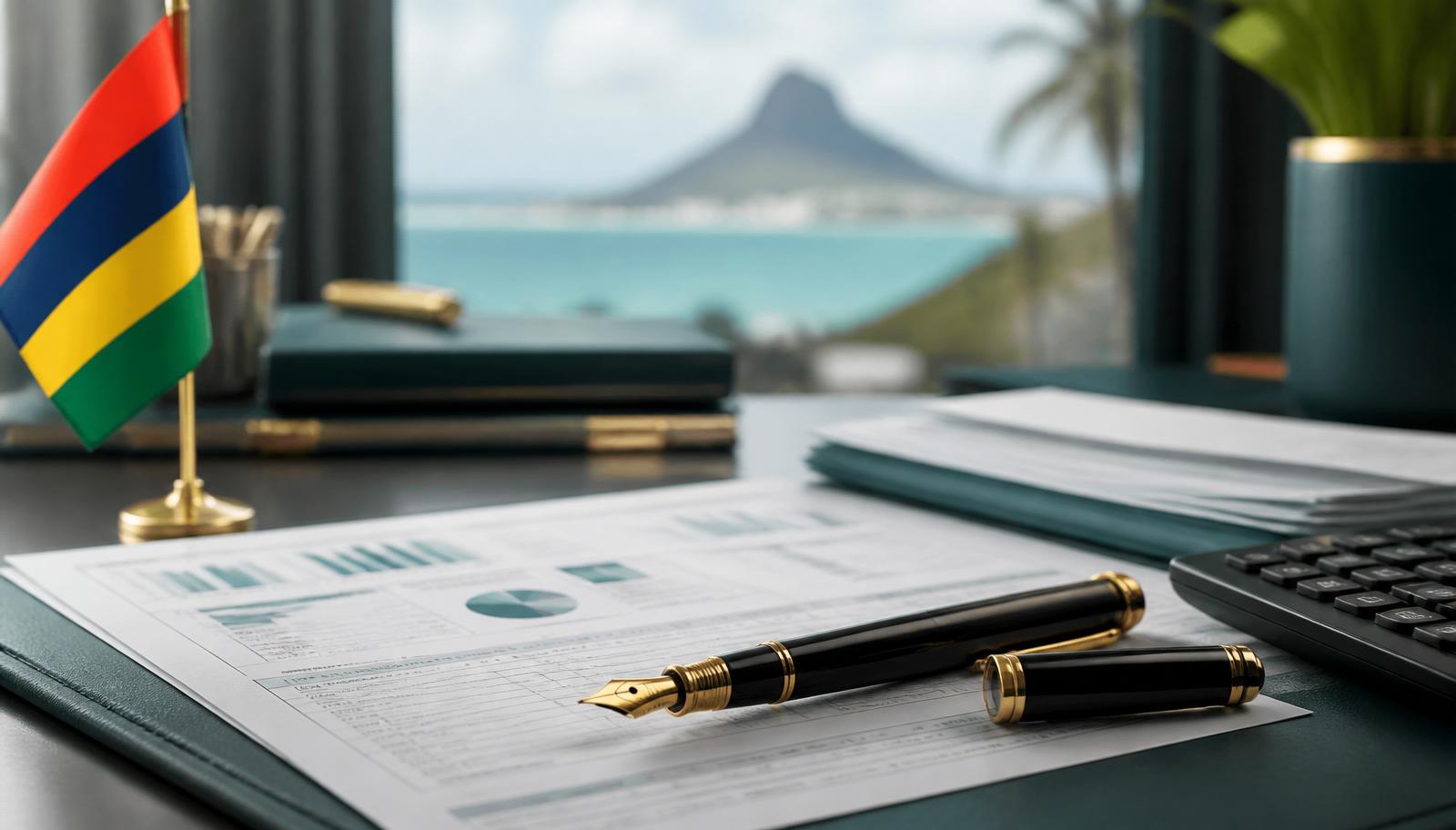 Corporate tax computation with Mauritius rupee coins representing corporate income tax in Mauritius