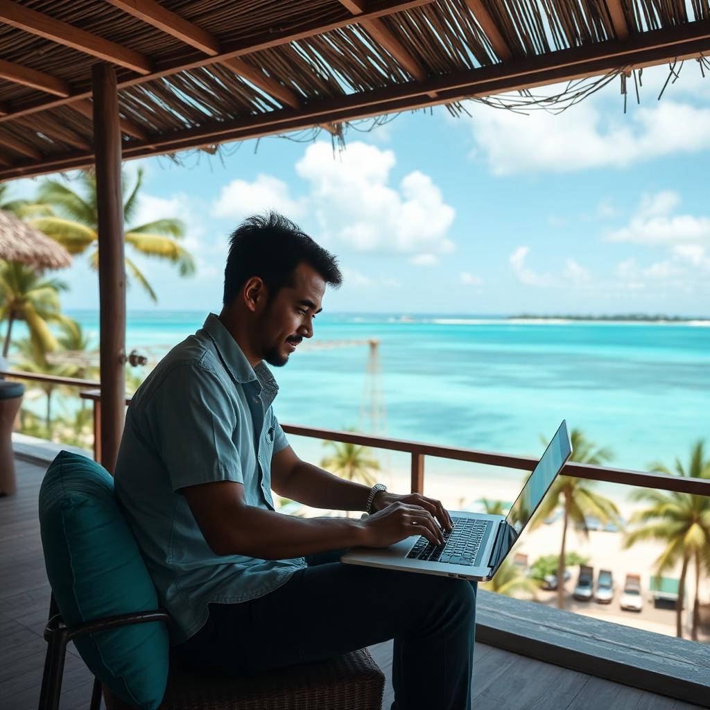 Digital nomad working on a laptop at a Mauritius beachfront under the Premium Visa