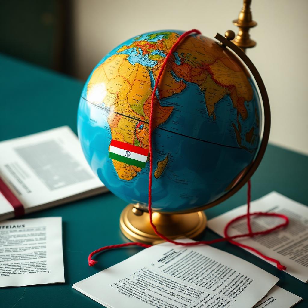 World globe with red string linking Mauritius to India, South Africa and China for double taxation agreements
