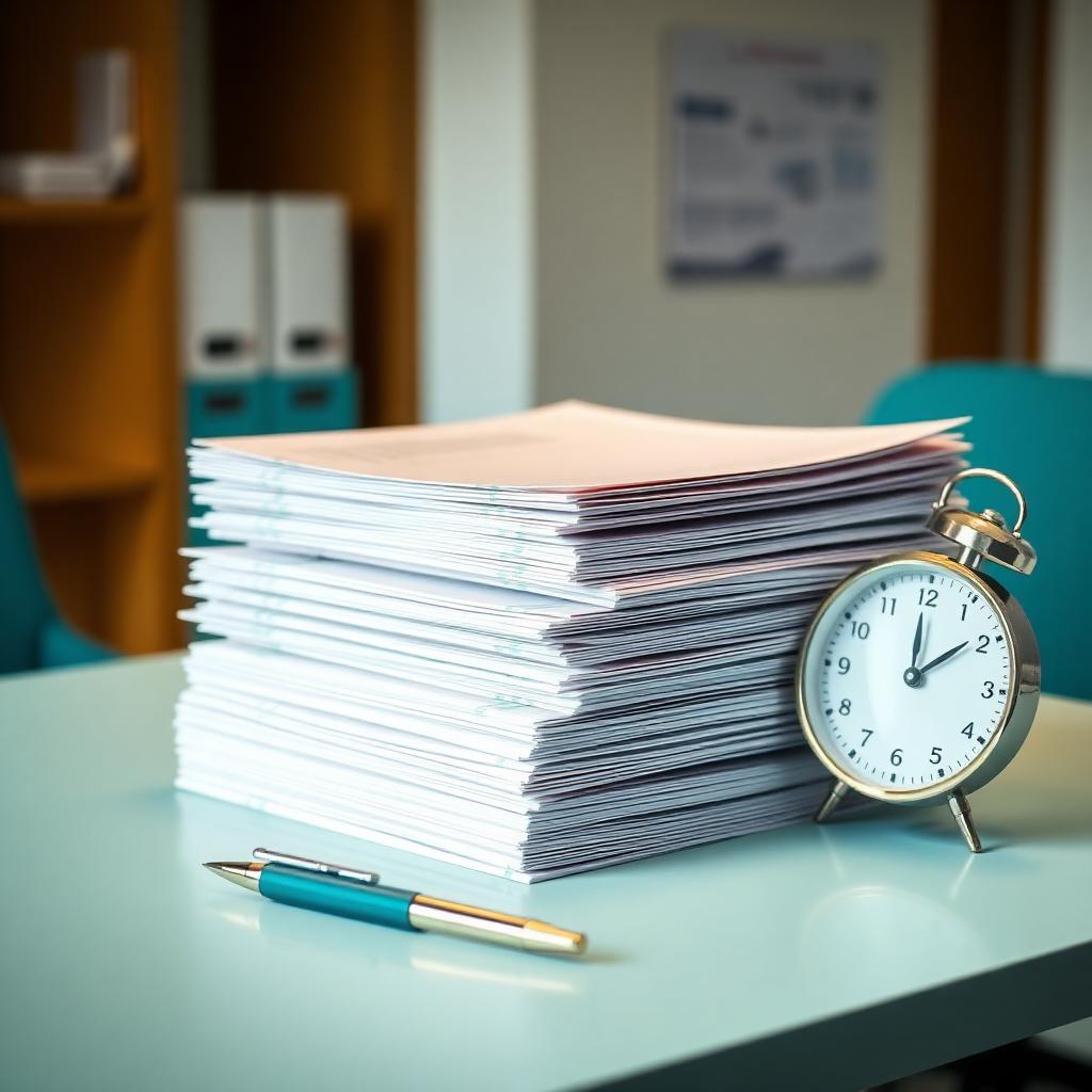 Stack of statutory filing forms with clock and pen representing Filing.mu compliance service