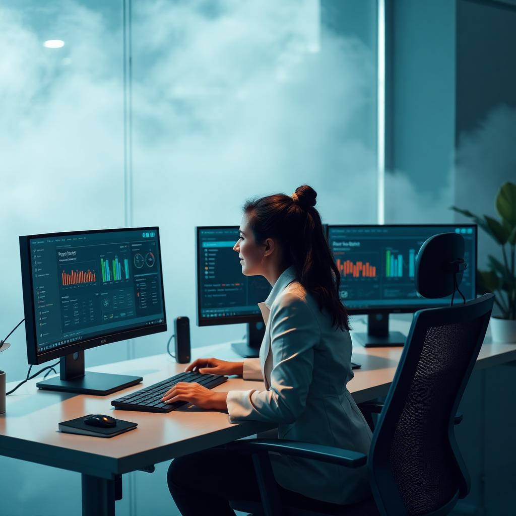 Payroll specialist working across multiple monitors for PayRoll.mu outsourced payroll in Mauritius