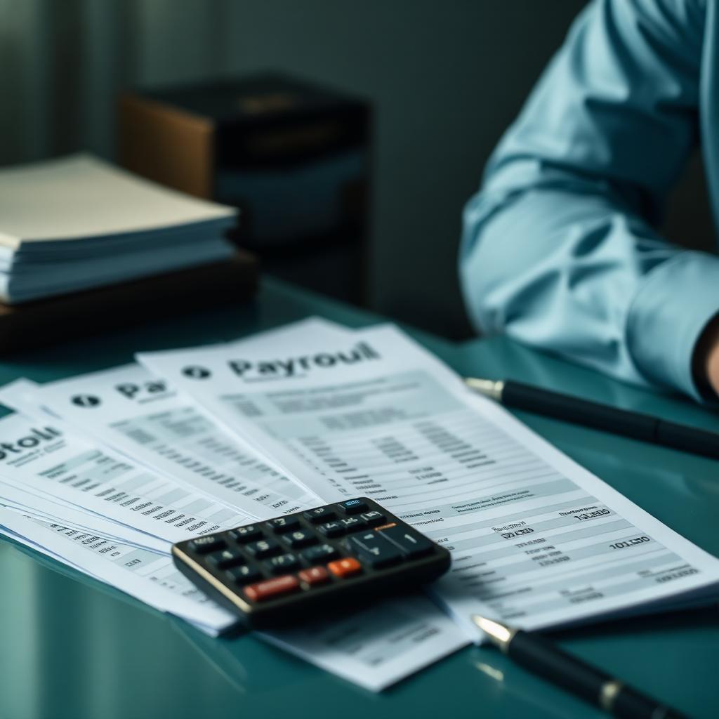 Payslips and calculator on a desk illustrating end-to-end payroll processing for Mauritius SMEs