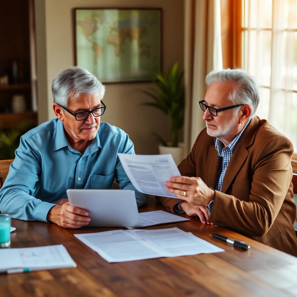 Older couple reviewing pension statements at a table for Mauritius pension and PRGF planning