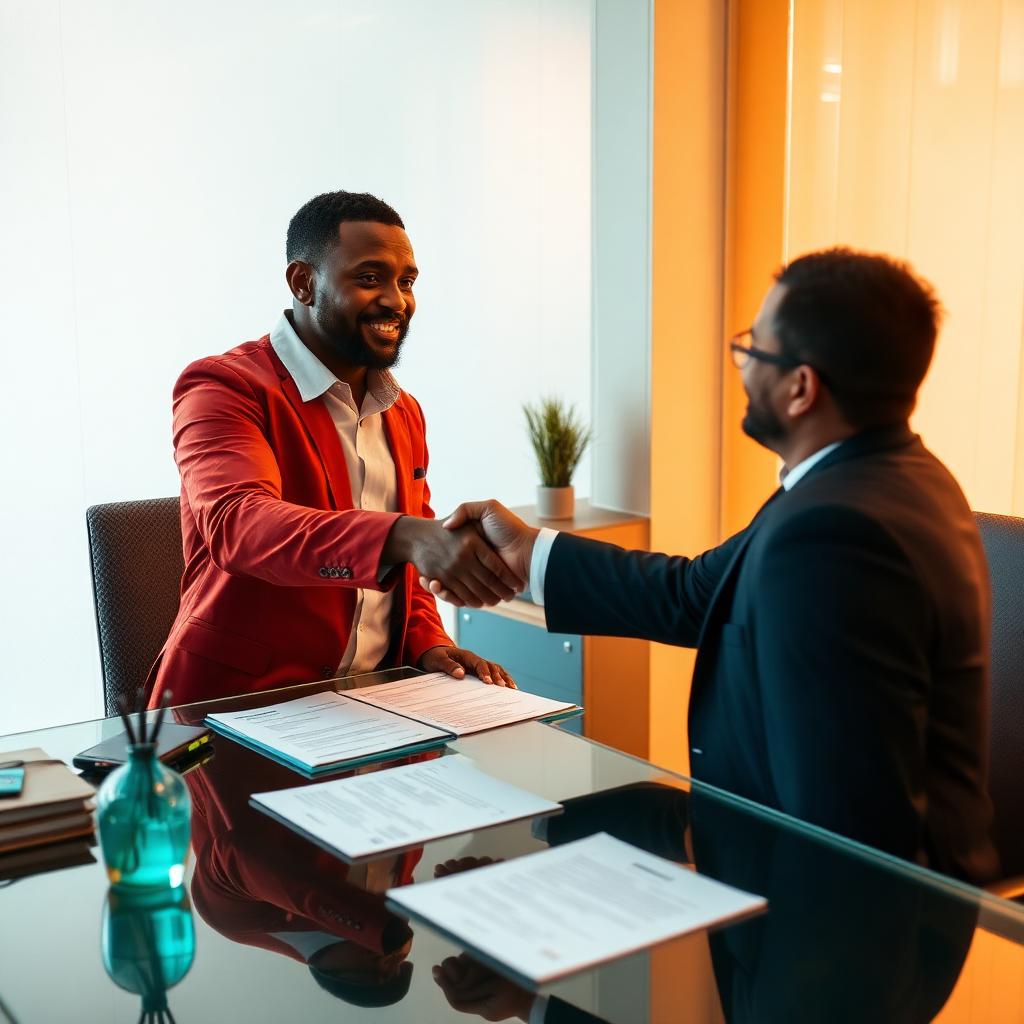 Entrepreneur shaking hands with a banker over loan documents for Mauritius SME financing