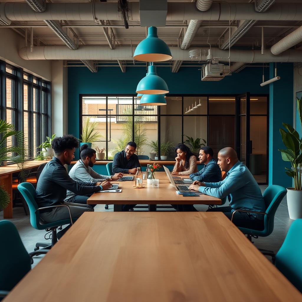 Diverse Mauritian entrepreneurs collaborating in a modern coworking office for Solution.mu network