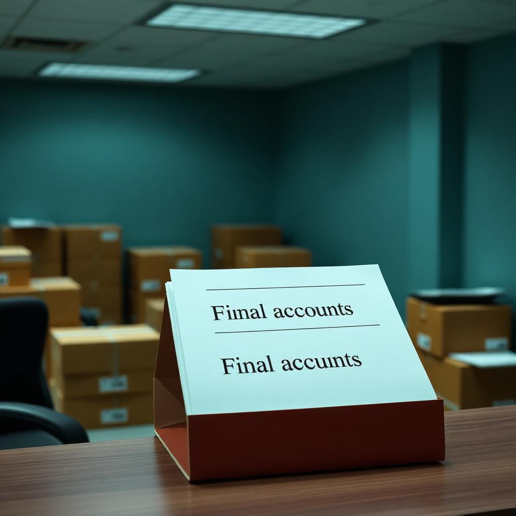 Empty office with packing boxes and a final accounts folder representing winding up a Mauritius company